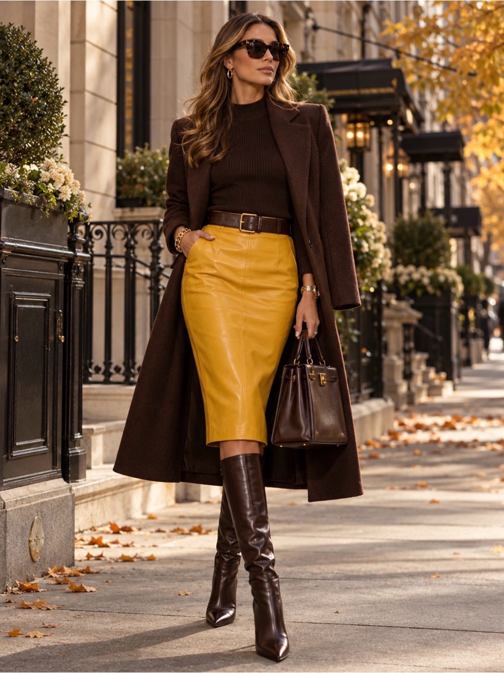 High-Rise Mustard Yellow Leather Midi Pencil Skirt